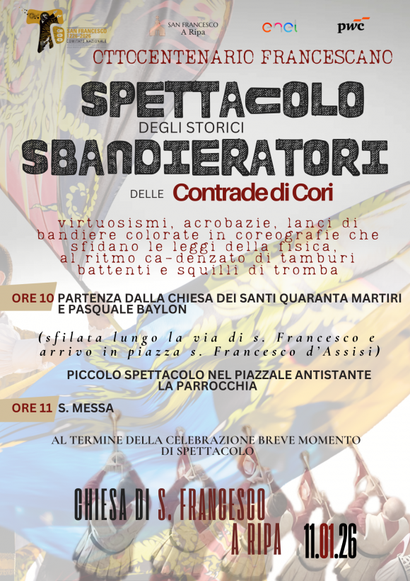 Locandina 11 gennaio San Francescoa Ripa lo spettacolo degli Sbandieratori Storici delle Contrade di Cori